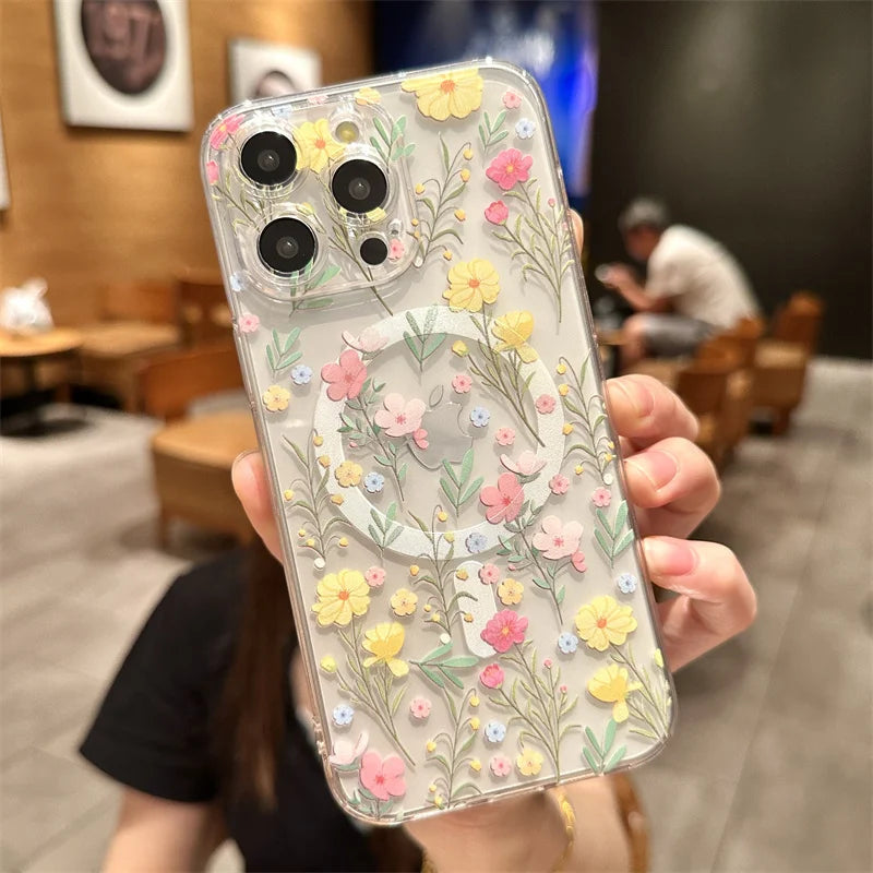 Transparent Clear MagSafe  Floral Flower Case for iPhone 16 14 15 Pro Max 15 Plus – Wireless Charging Shockproof Cover