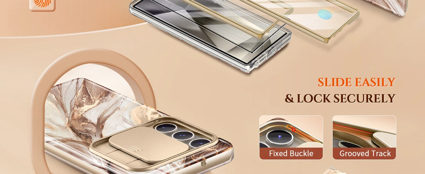 For Samsung Galaxy S24 Ultra Case with 2 Front Frames Slide Camera Lens Protection Heavy Duty Shockproof Marble Phone Case Cover