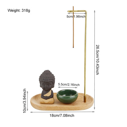 Creative Ceramic Little Monk Incense Burner Set Brass Smoke Backflow Incense Holder with Wooden Incense Tray Ceramic Ash Catcher