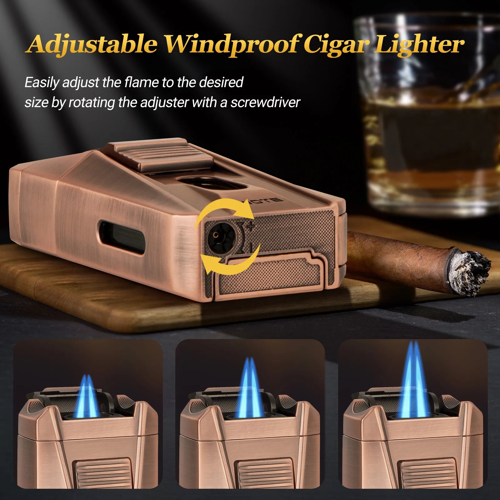Cigar Lighter with Double Jet Flame, Refillable Cigar Torch Lighter with Cigar Holder, V-Cigar Cutter, Cigar Draw Enhancer