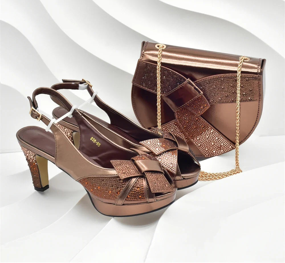 New Design African Shoe and Bags Set for Wedding Luxury Designer High Heels Full Rhinestone Pumps Women Shoes and Bag Set Italy