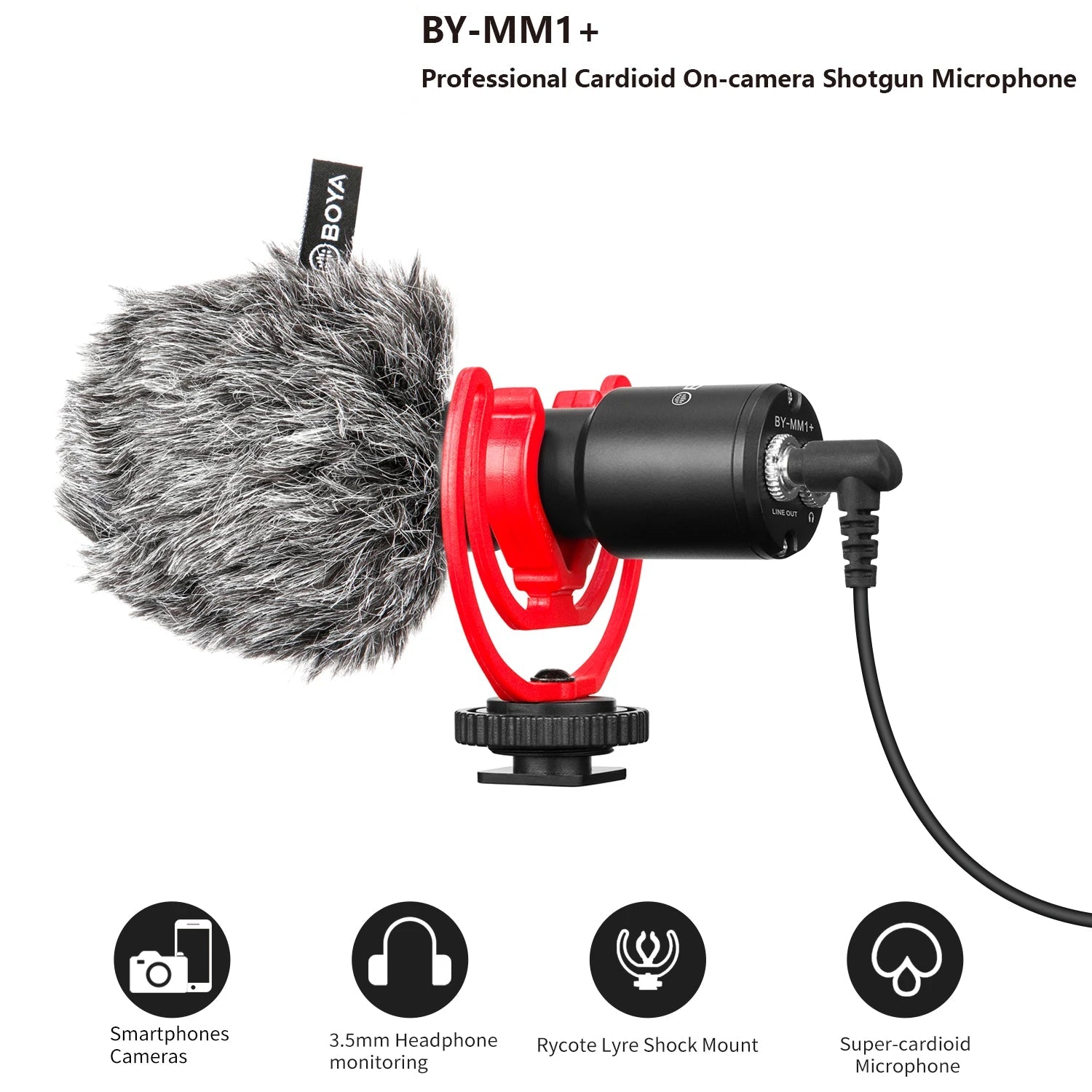 BY-MM1+ Super-Cardioid Shotgun Microphone for iPhone Android PC Laptop DSLR Cameras Camcorder YouTube Recording Streaming