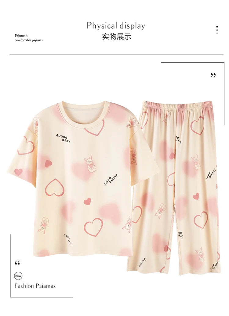 2-Pcs Women’s Summer Cotton Pajama Set – Short Sleeve Top & Calf-Length Pants with Cute Prints