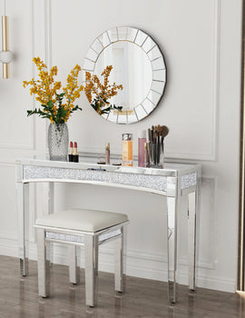 47.2" Mirrored Desk Silver Console Table Mirror Sofa Table with Crystal Inlay Front for Living Room, Entryway, Foyer