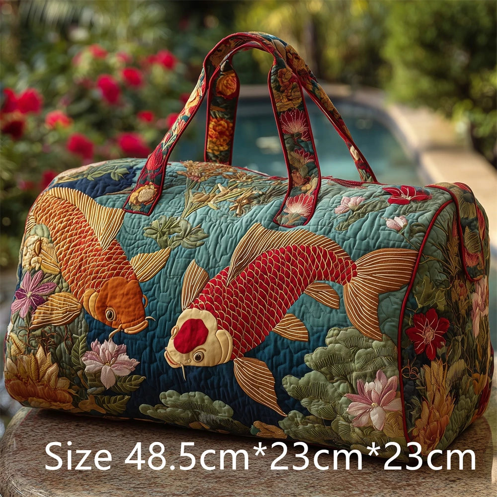 Japanese Style 3D Quilted Duffel Bag Fuji Sakura Koi Fish Print Large Capacity Travel Weekender Gym Bag Landscape Unisex Tote
