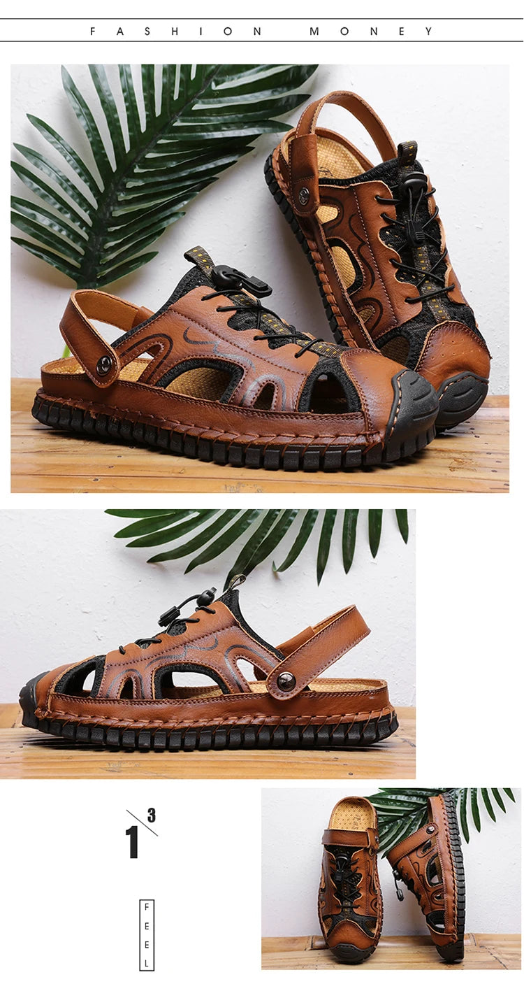 Shoes Summer Slippers Genuine Leather Non-slip Beach Shoes Male Outdoor Casual Sandals Slippers Handmade Sewing