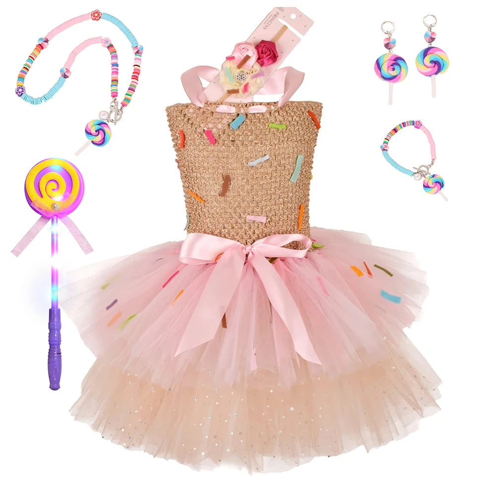 Girls Candy Dress Costumes for Purim Party Newborn Baby Teenagers Handmade Lollipop Cosplay Rainbow Mesh Princess Dress