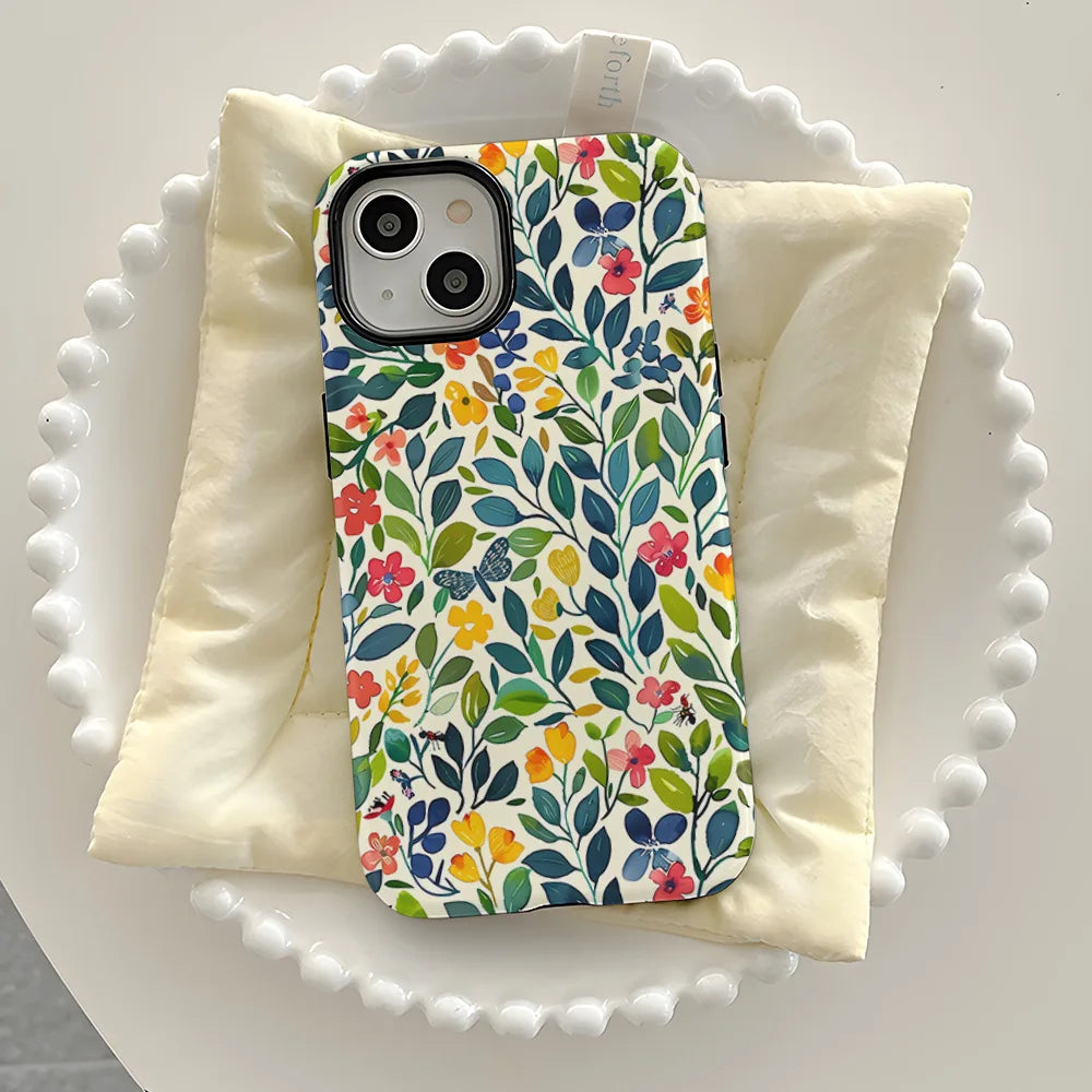 Flower Flora Green Leafs 2 in 1 Phone Case for iPhone 16 15 Pro Max 16 Plus Double Deck Shockproof Protective Cover