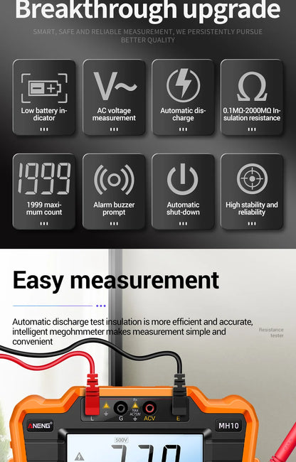 HD Digital Insulation Resistance Gauge Ohmer Testers 1000V Megometer Megohmmeter Ohm Test Auto Range Backlight Meters