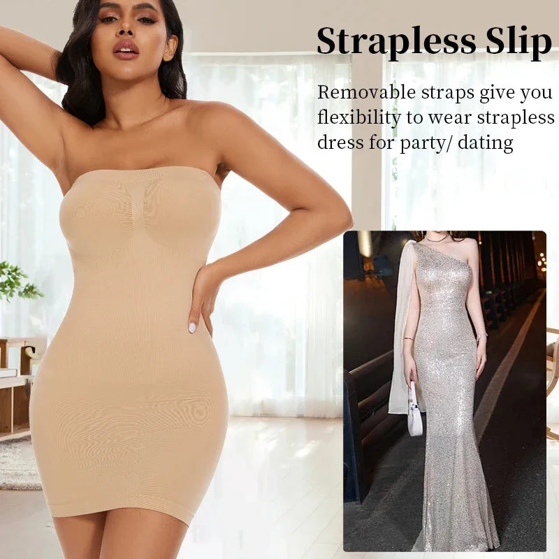 Full Slip Shapewear Women Dress Off Shoulder Bodycon Strapless Underdress Smooth Compression Body Shaper Slimming Waist