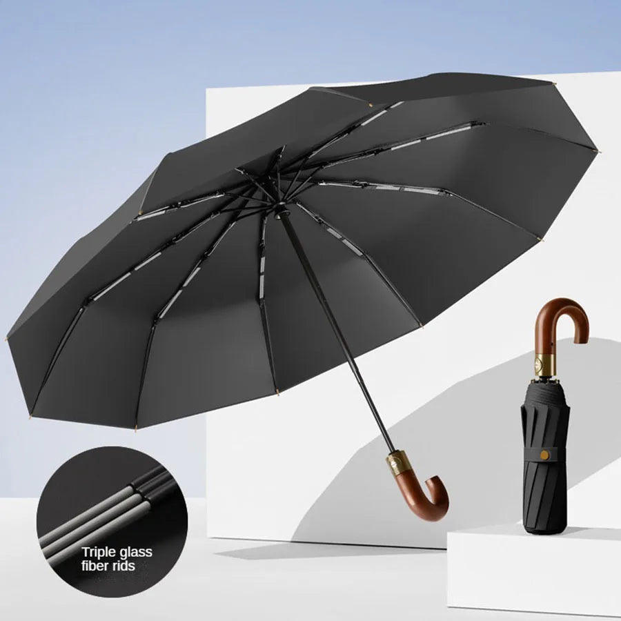 Windproof Automatic Folding Umbrella with UV Protection Curved Handle for Sun and Rain