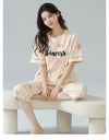 2-Pcs Women’s Summer Cotton Pajama Set – Short Sleeve Top & Calf-Length Pants with Cute Prints