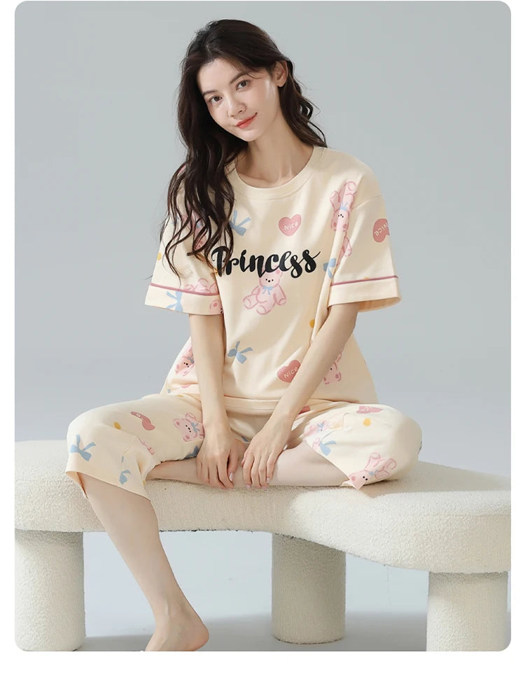 2-Pcs Women’s Summer Cotton Pajama Set – Short Sleeve Top & Calf-Length Pants with Cute Prints