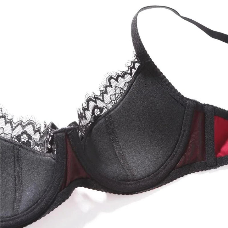 Womens Satin Patchwork Lace Underwire Push Up Bra Set