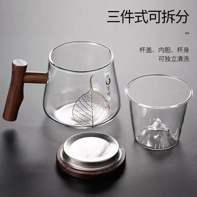 Heat Resistant Glass Teacup Strainers Wood Handle Lid Chinese Kung Fu Tea Set Ceremony High Boron Silicon Teawear Cups