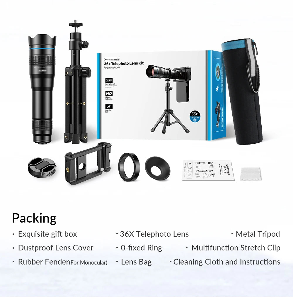 36X Smartphone Telephoto Lens with Tripod and Universal Clip