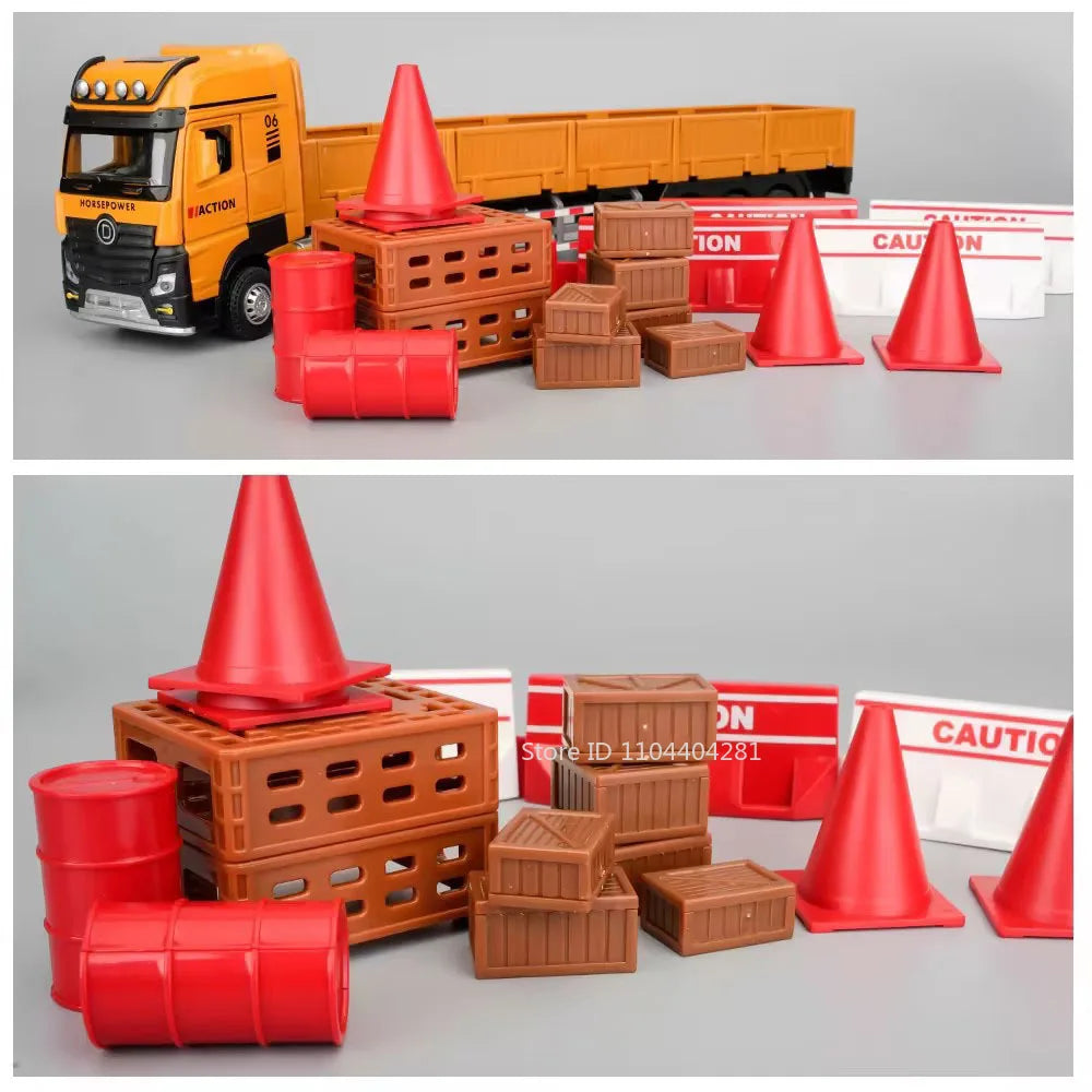 1:32 Roadblock Transport Truck Flatbed Trailer Model Toys Diecast Alloy Car Doors Opened Sound Light Pull Back Vehice Boy's Puzz