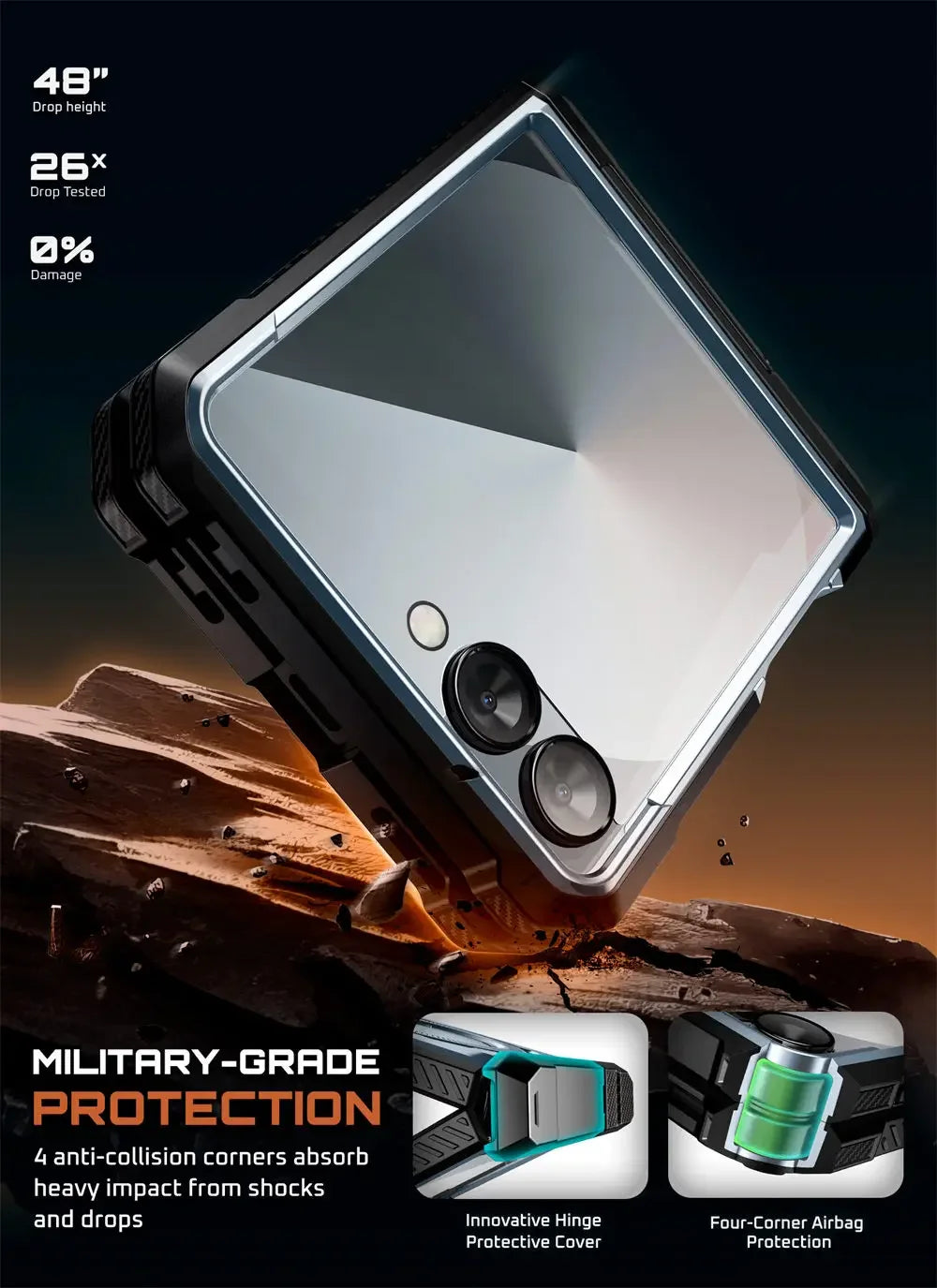 For Samsung Galaxy Z Flip 7 Case UB Grip Military-Grade Rugged Back Phone Case with Stand & Front Screen Protector