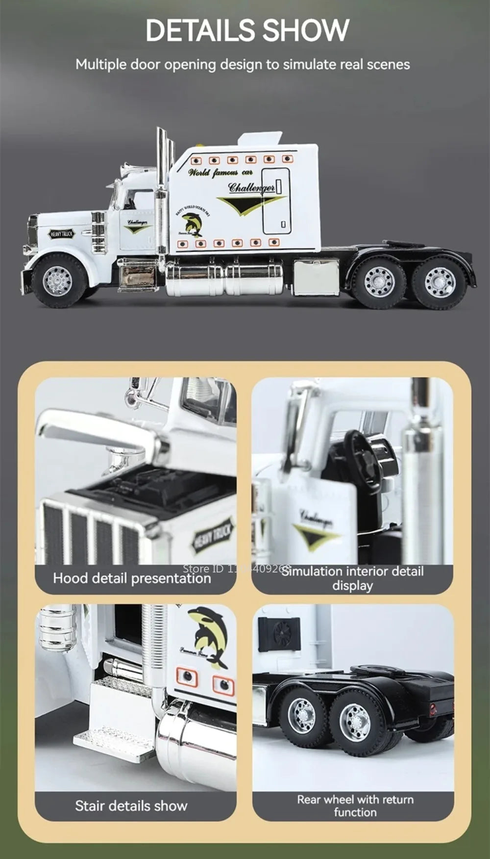 1:24 PETERBILT 389 Truck Toy Walking Tractor Car Model Alloy Die-cast Sound Light Vehicle Models Interior Decoration Present