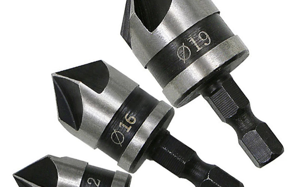 3pcs 90 Degree Hexagonal Handle 12/16/19mm 5-Flute Chamfering Tool Set WoodWorking Drill Bit Cutter Countersink Drill Bit Set