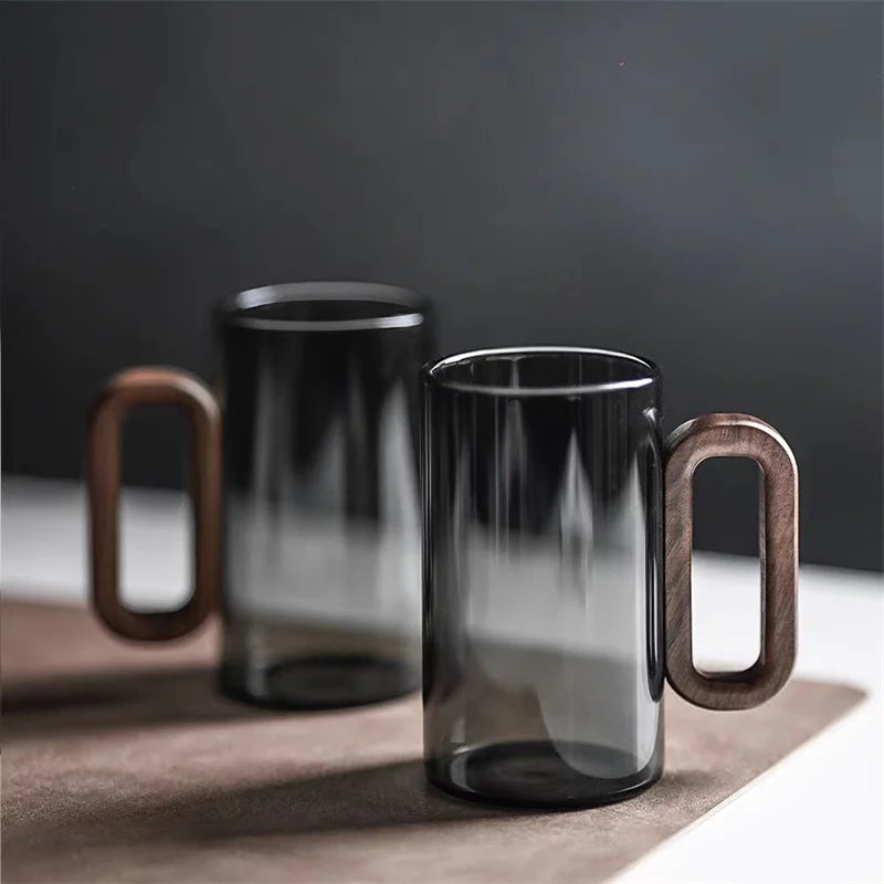 350ml High Borosilicate Glass Coffee Cup with Walnut Wooden Handle Heat-Resistant Glass Home Tea Milk Coffee Mug Breakfast Cups