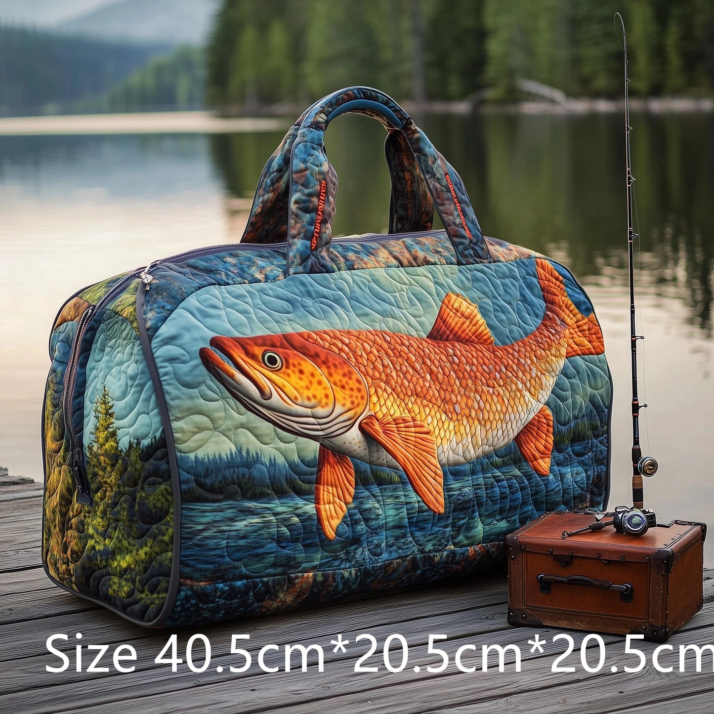 Trout Fishing Quilted Duffel Bag Outdoor Waterproof Gear Bag with 3D Fish Printed Camping Weekender Bag for Anglers Men's Gift
