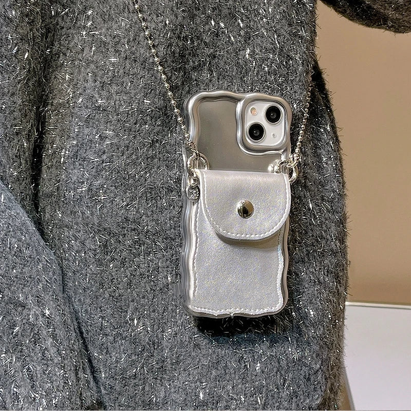 Luxury Glossy Pearl Lanyard Mini Bag For iPhone 14 13 Pro Max TPU Korea Lady Lens Protection Anti-Drop Soft Cover