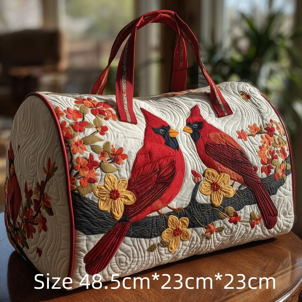 Trending Vintage 3D Quilted Travel Bag Cardinal Bird Floral Printed  Durable Weekend Gym Trip Beach Bag Carry on Tote for Women