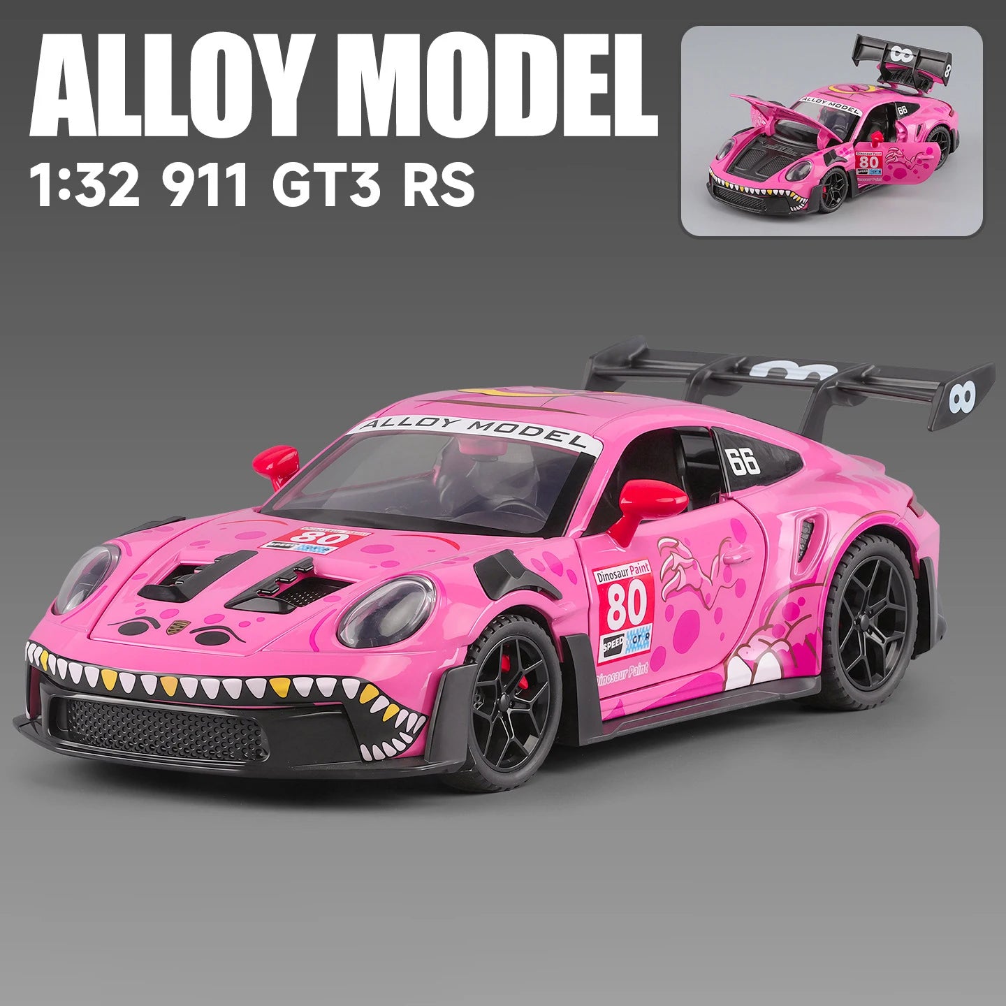 1 32 Scale 911 GT3 RS Dinosaur Modified Diecast Pull Back Model Car with Sound and Light