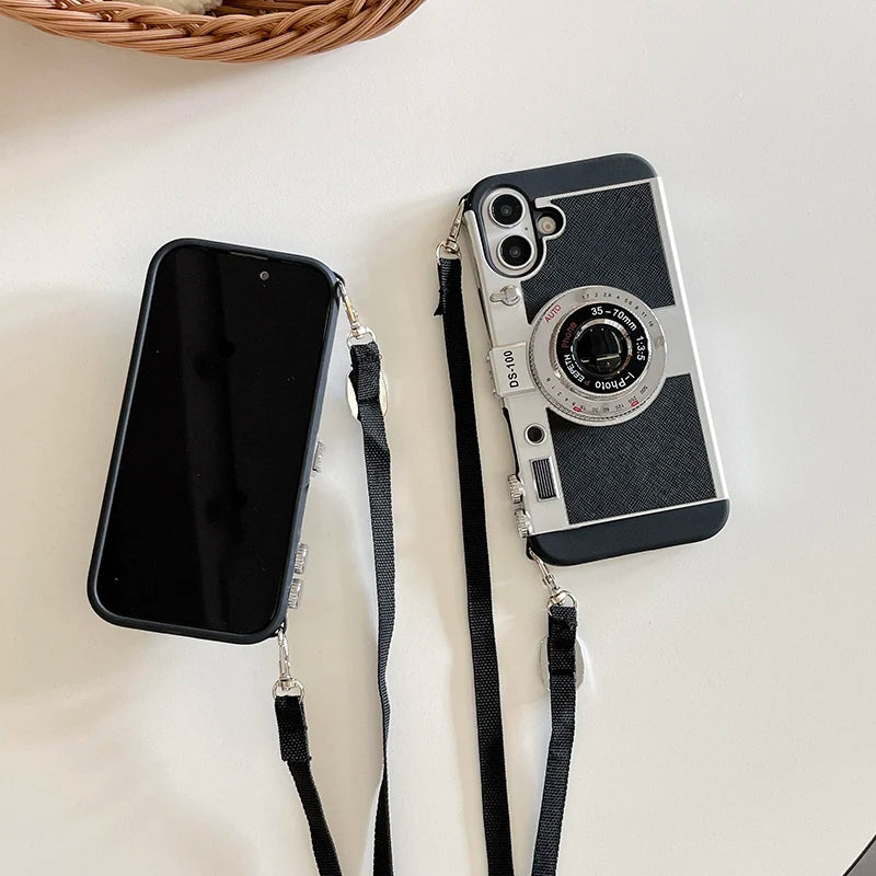 Soft TPU+Hard PC Camera Shaped Lanyard Shockproof Phone Case For iPhone 16 Pro Max 14 15 Pro Max Bumper Back Cover