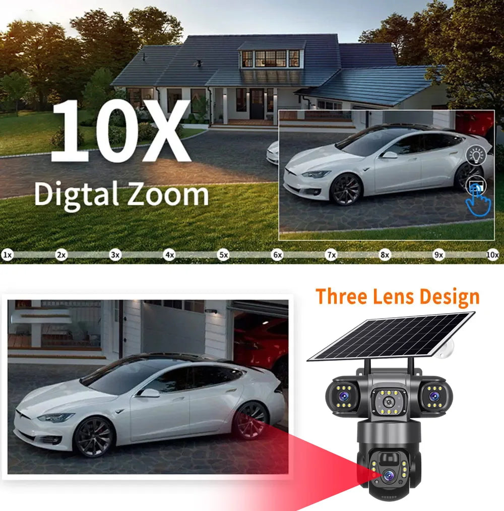 Solar Camera 4G Sim Outdoor 3 Lens 3 Screen 10X Zoom PIR Human Detect Cameras Waterproof Night Vision CCTV Security Protection