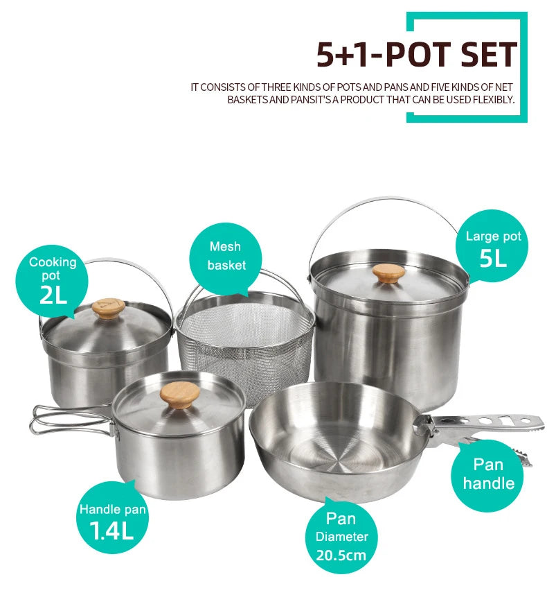 A Style Outdoor Stainless Steel 5pcs Camping Tourism Family 5L Portable Picnic Soup Frying Steaming Household