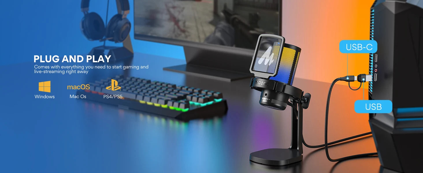 DGM20 Gaming Microphone,USB Microphone Condenser Mic RGB Gaming Mic with Noise reduction software,Mic Gain,One Key Mute