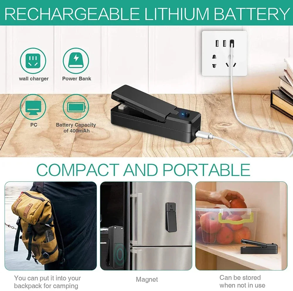 2-in-1 Mini Rechargeable Bag Sealer & Cutter – Portable USB Vacuum Heat Sealer for Plastic Snack & Food Storage Bags