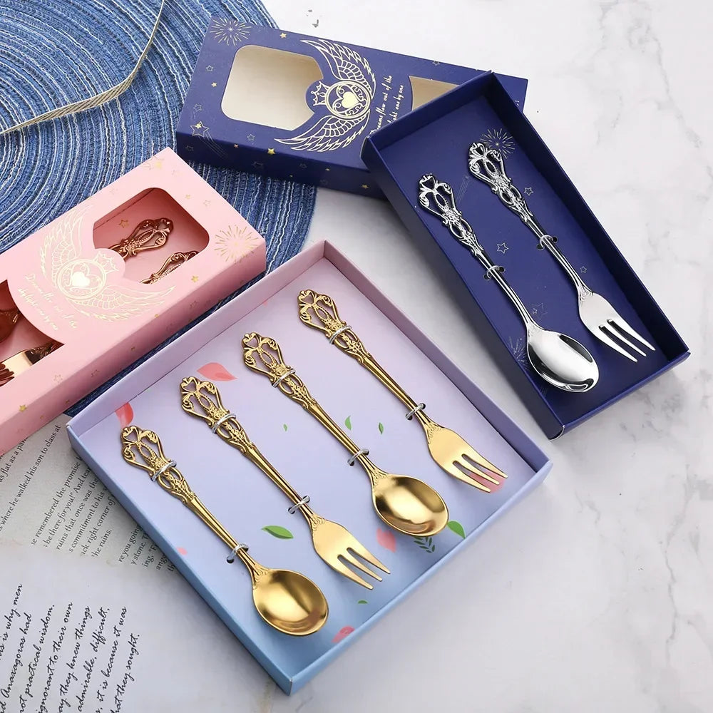 Stainless Steel Small Spoon Gold Royal Mini Spoon Fork for Dessert Coffee Fruit Tea Western Tableware Silverware Gift Home Docor