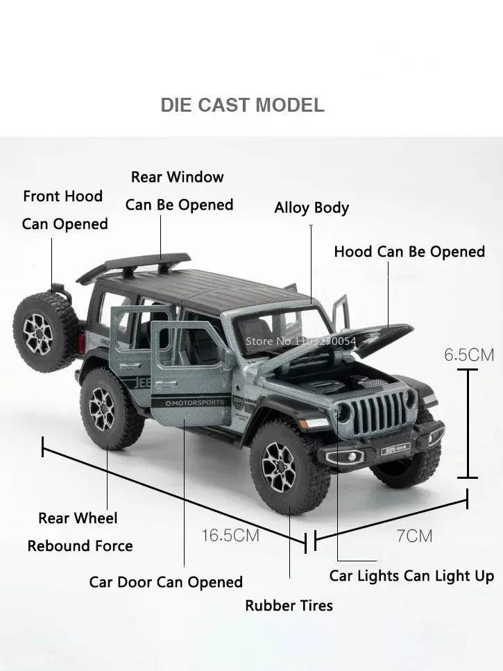1:32 Wrangler Rubicon Model Toy Alloy Diecast Car Doors Opened Sound Light Pull Back Miniature Off-road Vehicle  Holiday Gift