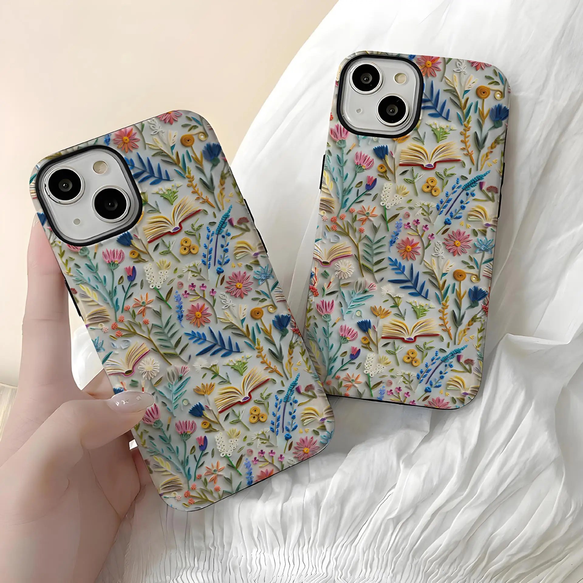 Romantic Wildflower Boho Embroidery Phone Case for iPhone 16 15 Pro Max Plus – 2 in 1 Hard Protection