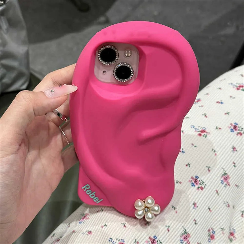 INS Cute Funny Ear Piercing Phone Case For iPhone 15 13 14 Pro Max Creative Irregular Camera Protection Soft Silicon Cover