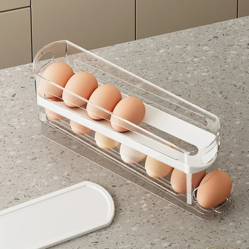 Double-Layer Ladder Style Egg Storage Box – Automatic Rolling Refrigerator Egg Holder Rack for Kitchen