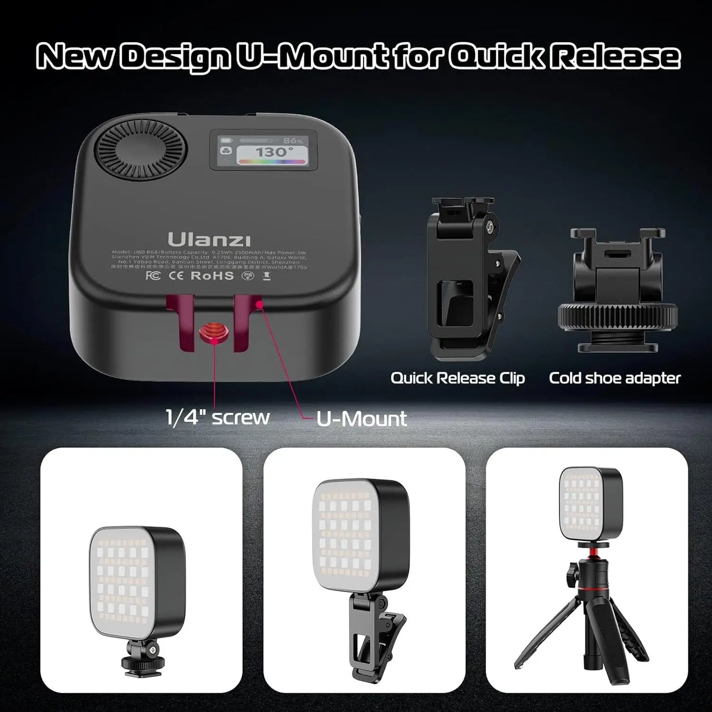 U60 Mini Pocket LED Video Lamp – RGB 2500-9000K Rechargeable Photography Light with LCD Screen & Cold Shoe Mount