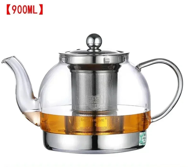 Heat Resistant Borosilicate Glass Teapot with Stainless Steel Infuser for Induction Cooker 1.2L