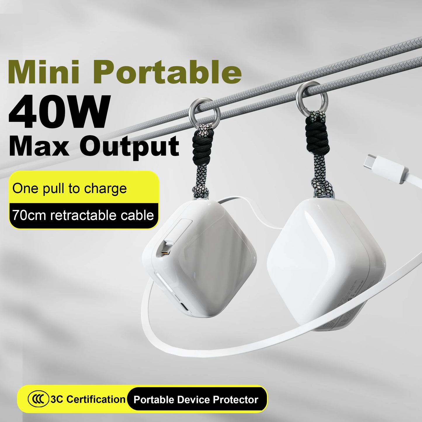40W Fast Charging Protable 10000mAh PowerBank Gallium Nitride With 70cm Retractable Type-C Cable for iPhone 17 16 Xiaomi Huawei