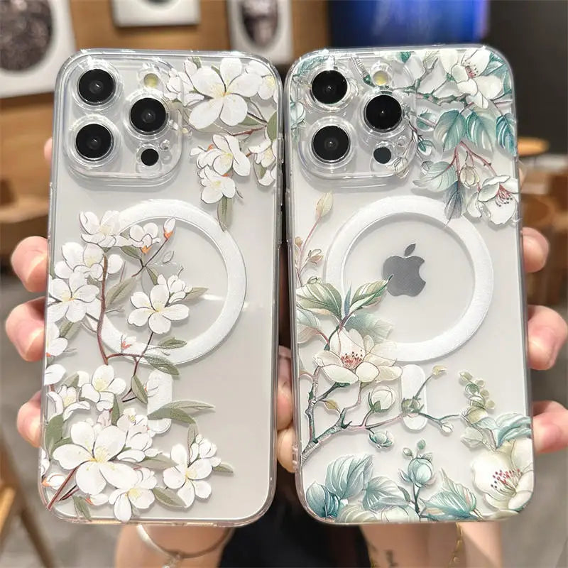 Transparent Magsafe  Flower Branch Case iPhone 16 14 15 Pro Max 15 Plus Wireless Charge Shockproof Clear Cover
