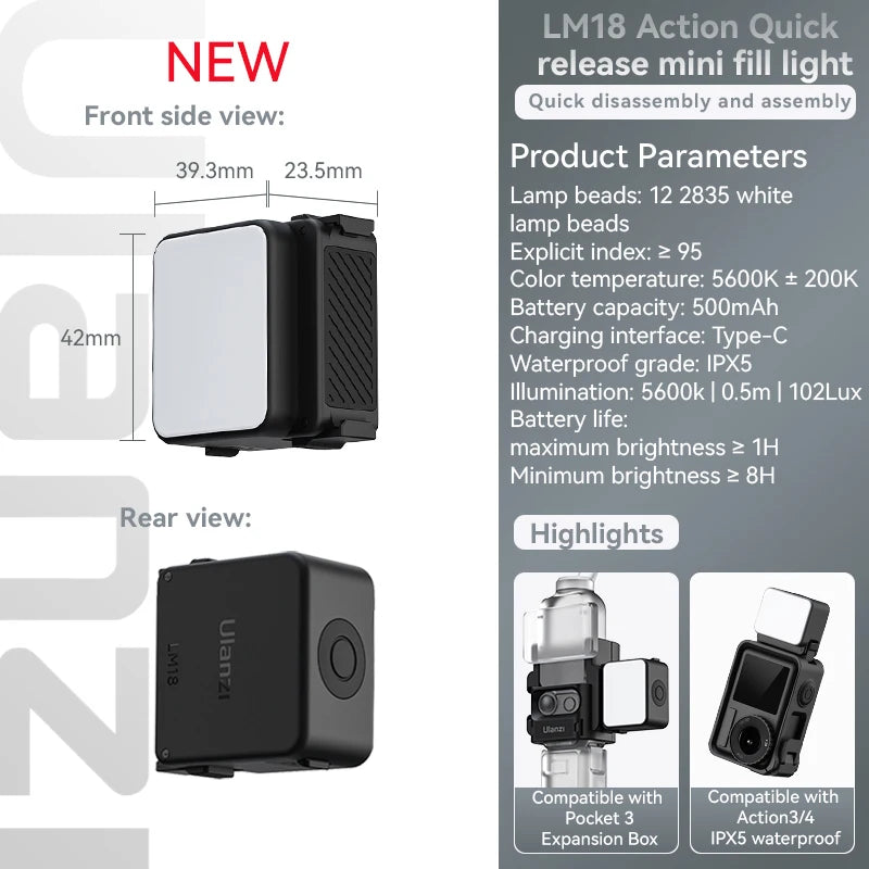 IPX5 Waterproof LED Video Fill Light, Magnetic Mini Light for DJI Osmo Action 5/4/3 & Pocket 3