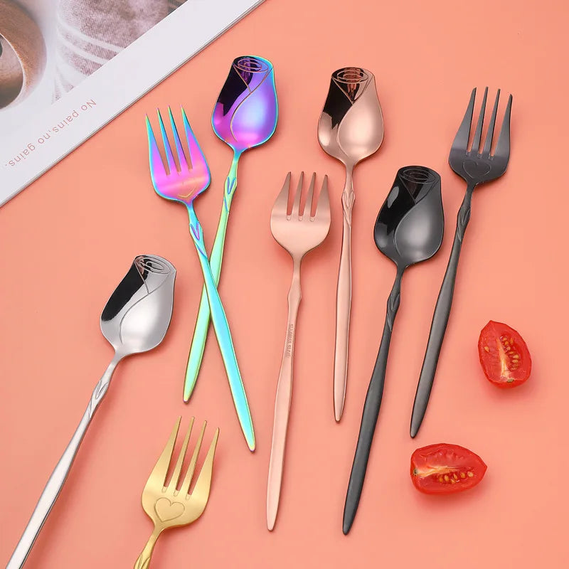 Long Handle Coffee Spoon Stainless Steel Rose Mixing Spoon Pretty Flower Teaspoons for Dessert Honey Salad Cake Tea Home Decor