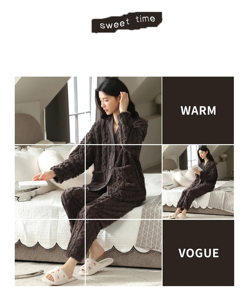 Women’s Winter Flannel Pajama Set – Warm, Thick Coral Fleece 2-Piece Loungewear