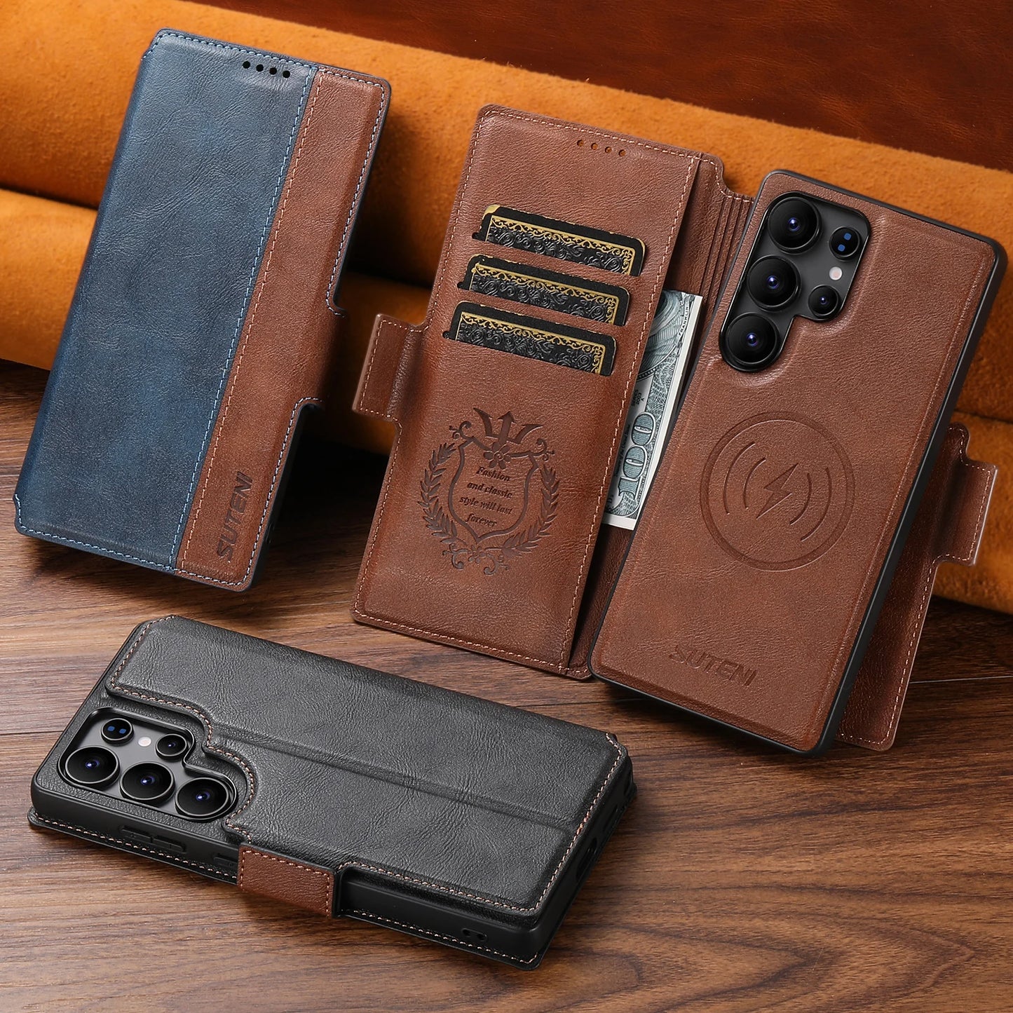 Magnetic Flip Wallet Case with Card Holder & Stand for Samsung Galaxy S26 Ultra / S25 / S24 / S23 – Faux Leather Wireless Charging Cover