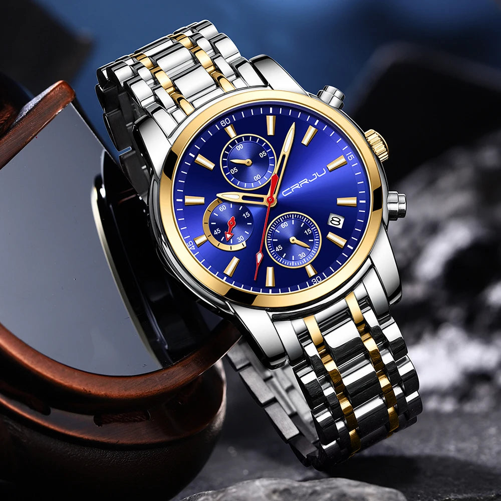 Men Watch Quartz Chronograph Full Steel Waterproof Wristwatch with Date