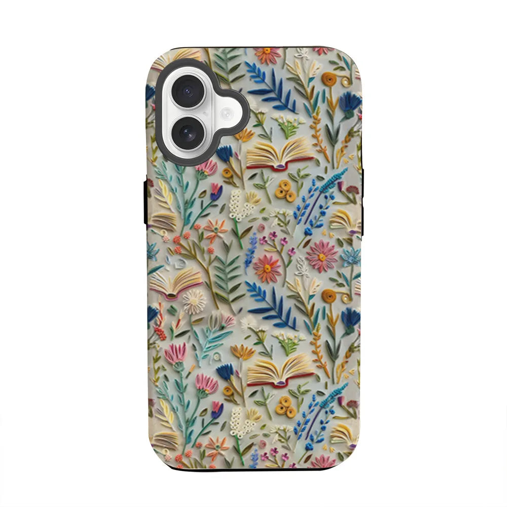 Romantic Wildflower Boho Embroidery Phone Case for iPhone 16 15 Pro Max Plus – 2 in 1 Hard Protection