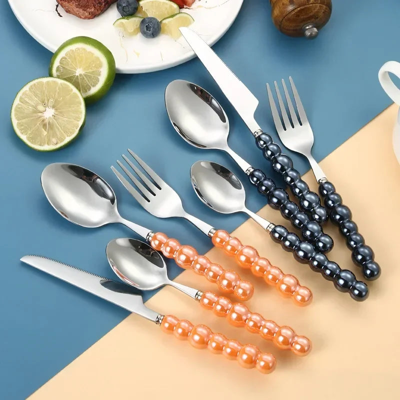 4Pcs Luxury Dinnerware Set Ceramic Pearl Handle Stainless Steel Spoon and Fork Set Western Silver Cutlery High-looking Tableware